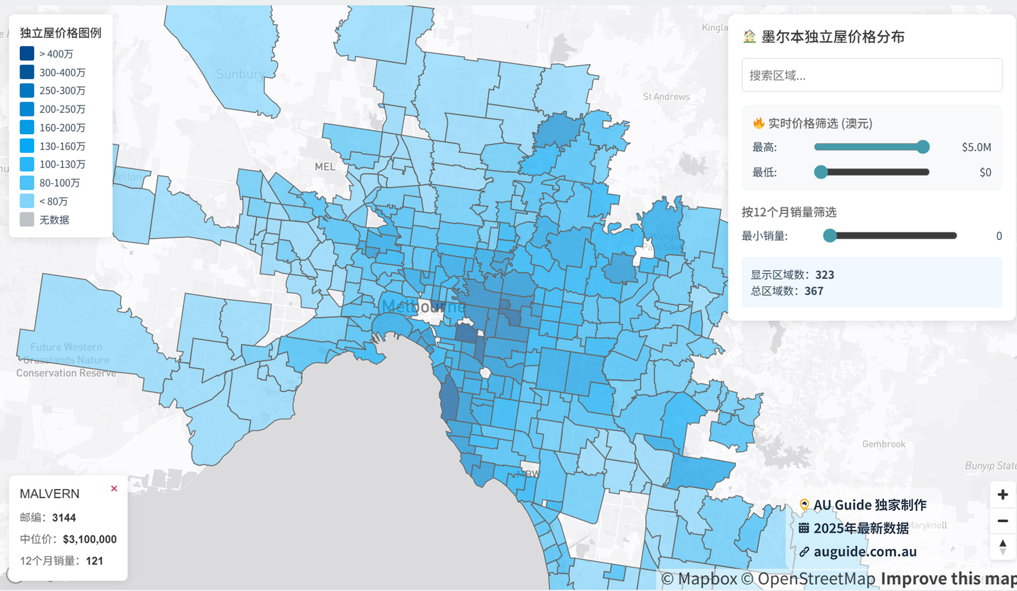 墨尔本独立屋房价地图2025 - AU Guide专业分析覆盖367个suburbs - 显示各区域房价分布从80万到400万以上