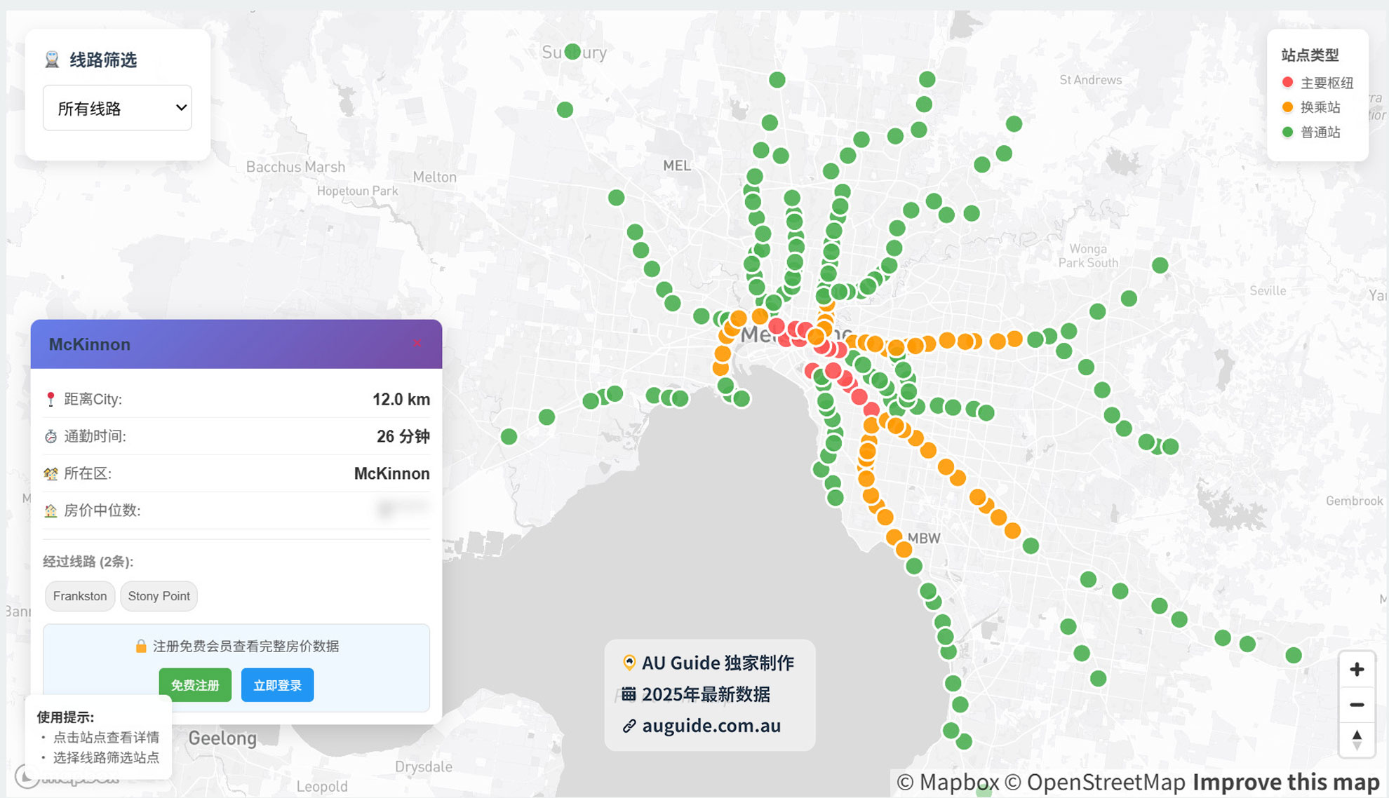 墨尔本火车线路地图2025 - AU Guide地铁Metro系统通勤时间分析